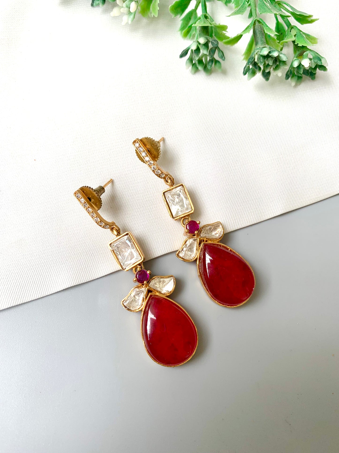 Handcrafted ruby drop earrings with American Diamonds and Moissanite in 22kt Gold Plating by Zamal Jewels