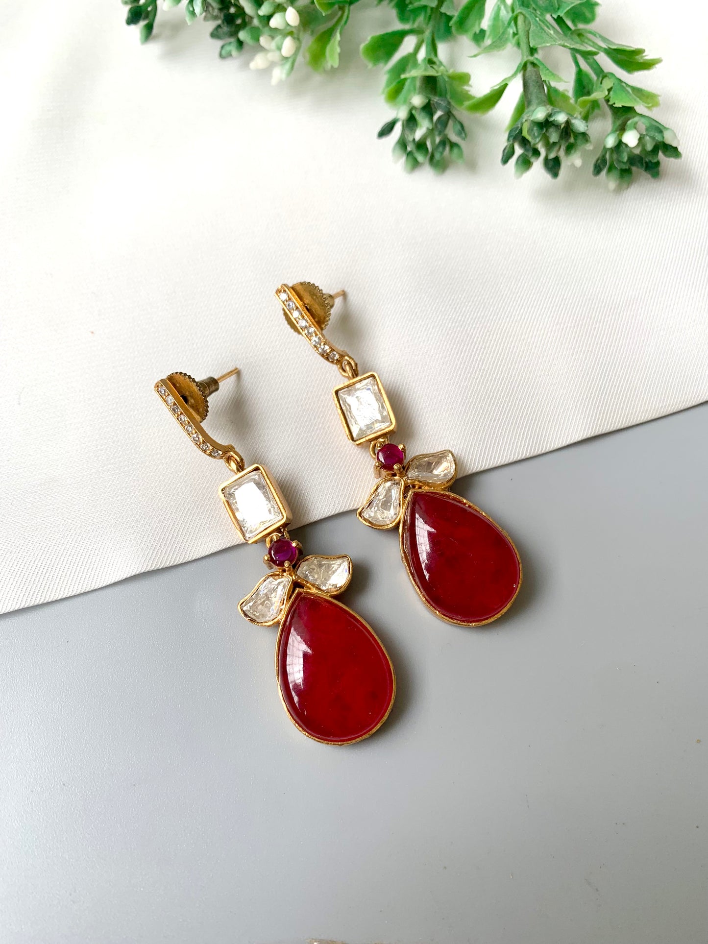 Handcrafted ruby drop earrings with American Diamonds and Moissanite in 22kt Gold Plating by Zamal Jewels
