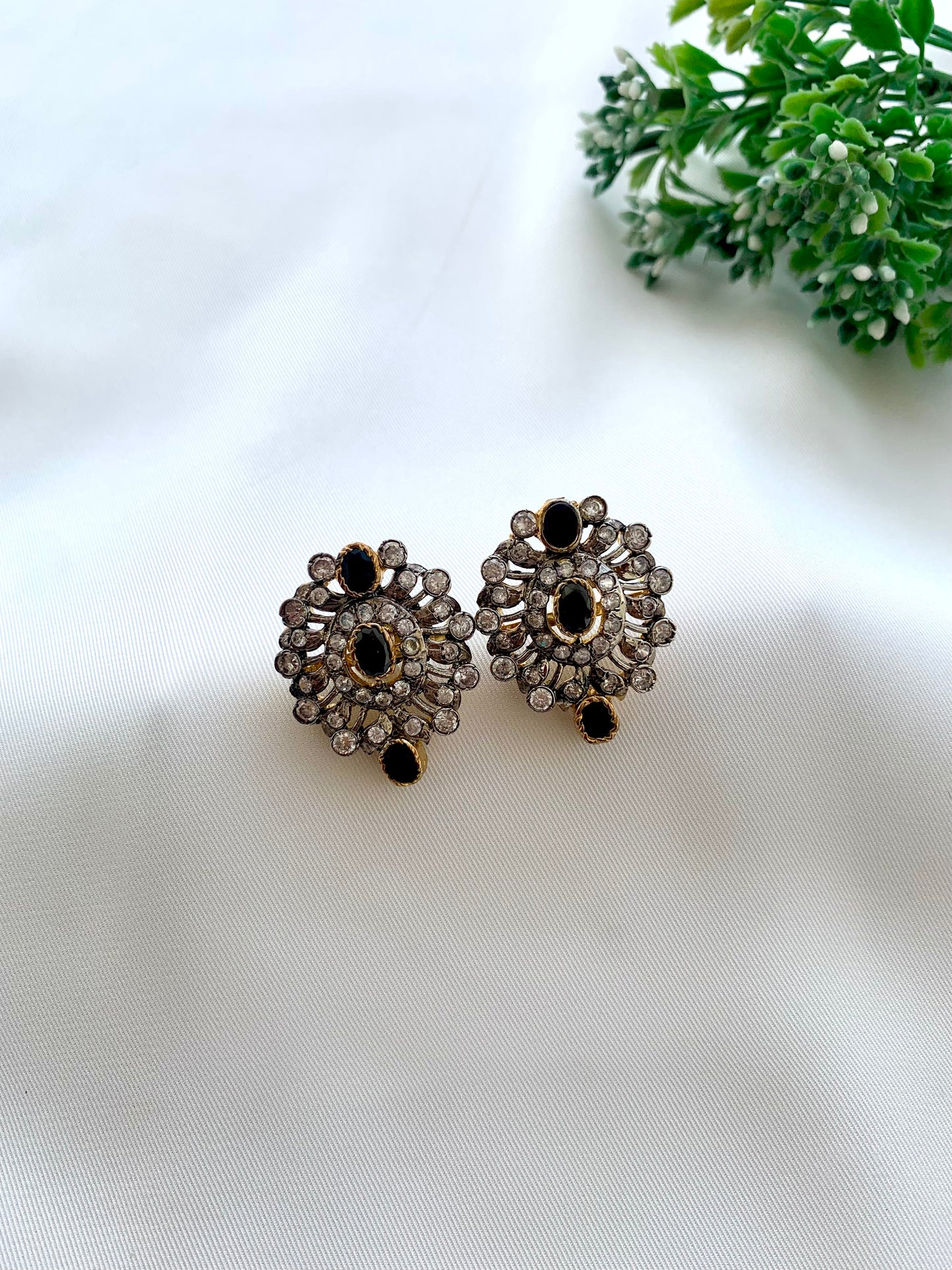 Zoiga rhodium plated antique victorian studs with American diamonds and onyx accents