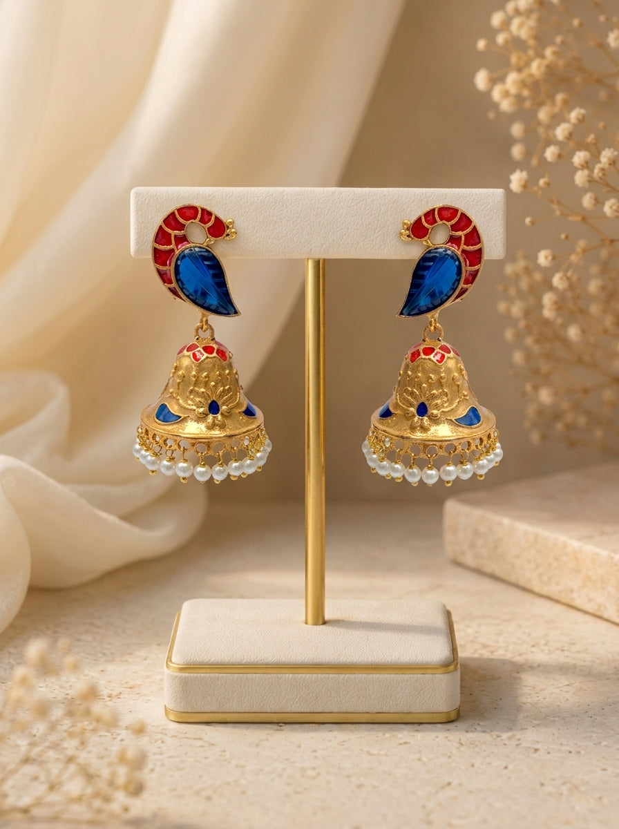 Aaira handcrafted 22kt antique Gold Sapphire Jhumki with Pearls and hand-painted Meena