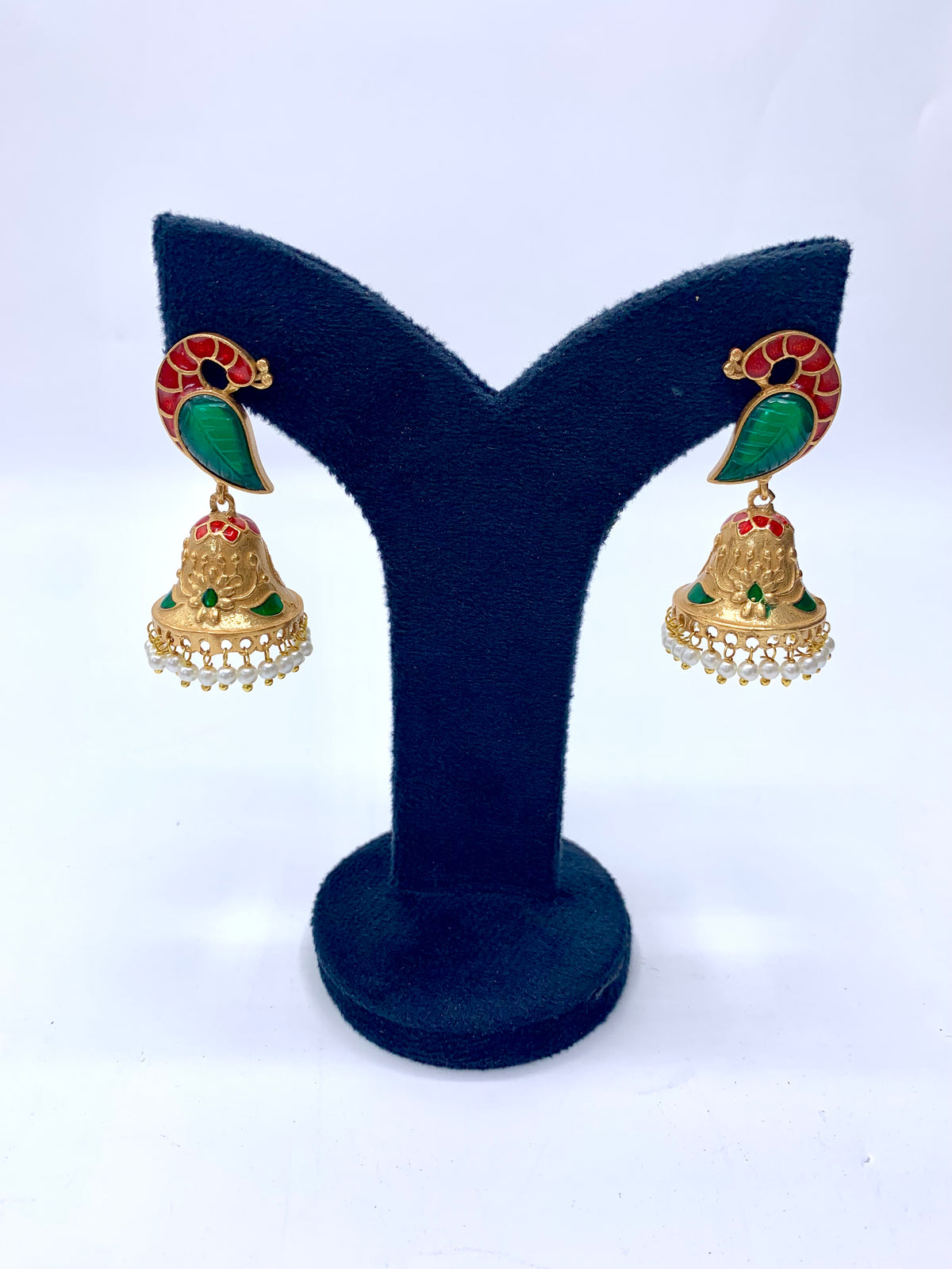 Aaira handcrafted 22kt antique Gold plated Emerald Jhumki with hand-carved Emerald, Pearls and hand-painted Meena work