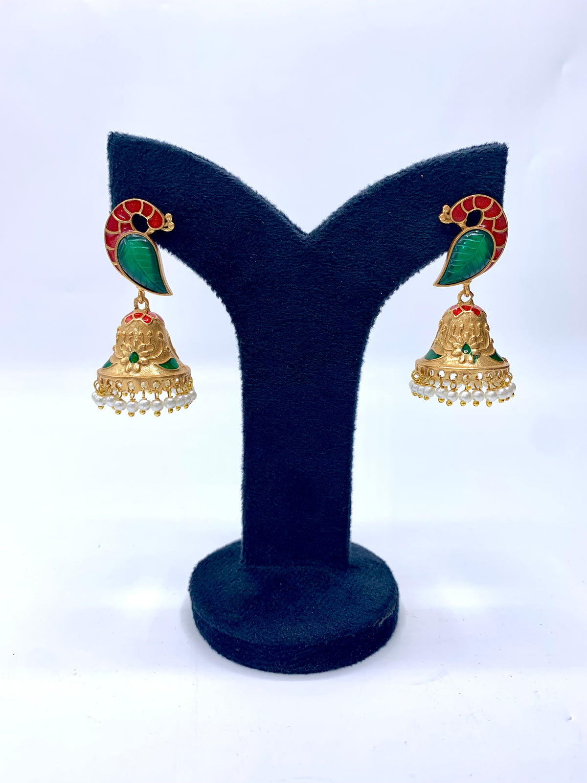 Aaira handcrafted 22kt antique Gold plated Emerald Jhumki with hand-carved Emerald, Pearls and hand-painted Meena work