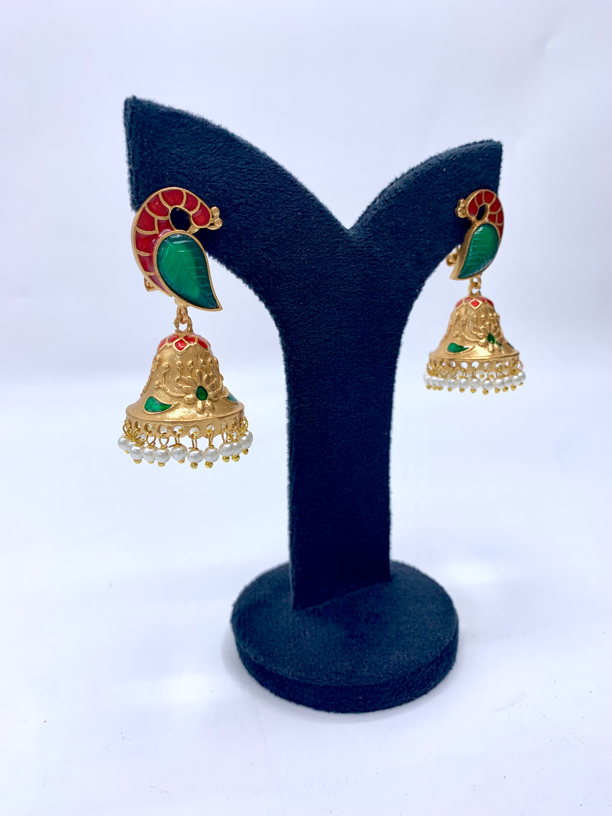 Aaira handcrafted 22kt antique Gold plated Emerald Jhumki with hand-carved Emerald, Pearls and hand-painted Meena work