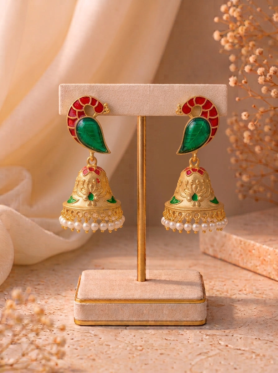 Aaira handcrafted 22kt antique Gold plated Emerald Jhumki with hand-carved Emerald, Pearls and hand-painted Meena work