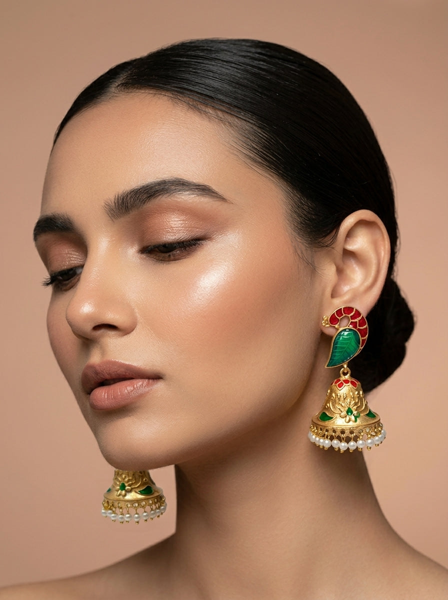 Aaira handcrafted 22kt antique Gold plated Emerald Jhumki with hand-carved Emerald, Pearls and hand-painted Meena work