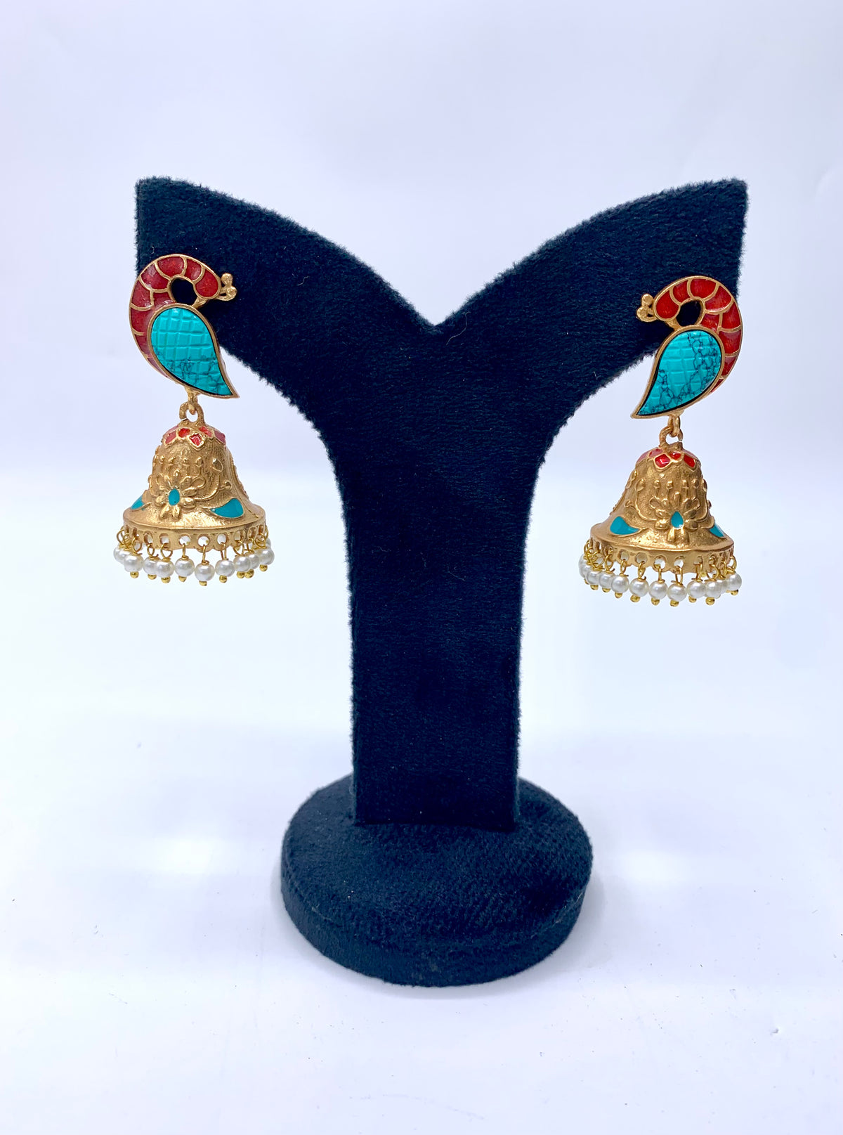 Aaira handcrafted 22kt antique Gold Feroza Jhumki with Pearls and hand-painted Meena