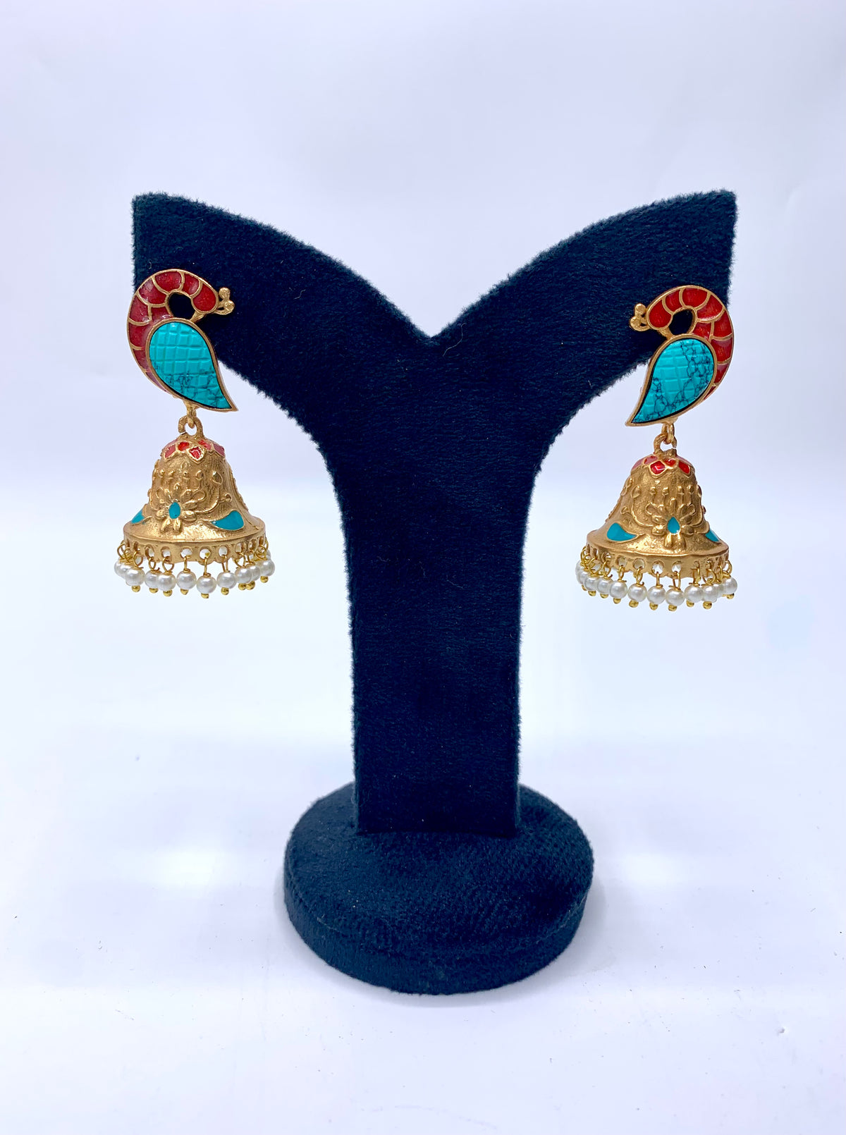 Aaira handcrafted 22kt antique Gold Feroza Jhumki with Pearls and hand-painted Meena