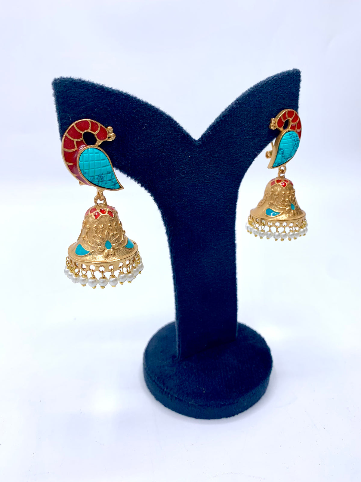 Aaira handcrafted 22kt antique Gold Feroza Jhumki with Pearls and hand-painted Meena