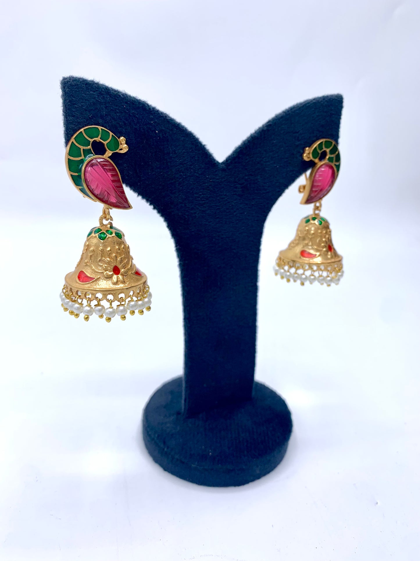 Aaira handcrafted 22kt antique Gold Ruby Jhumki with Pearls and hand-painted Meena