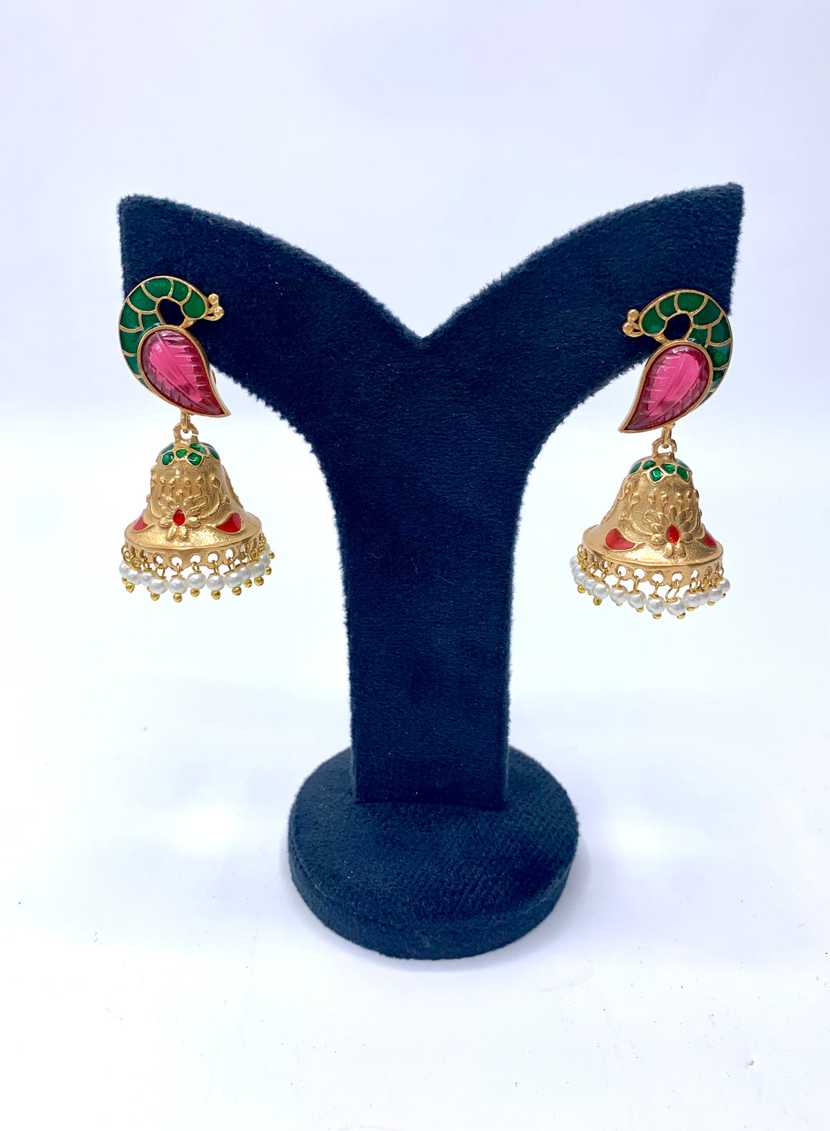 Aaira handcrafted 22kt antique Gold Ruby Jhumki with Pearls and hand-painted Meena