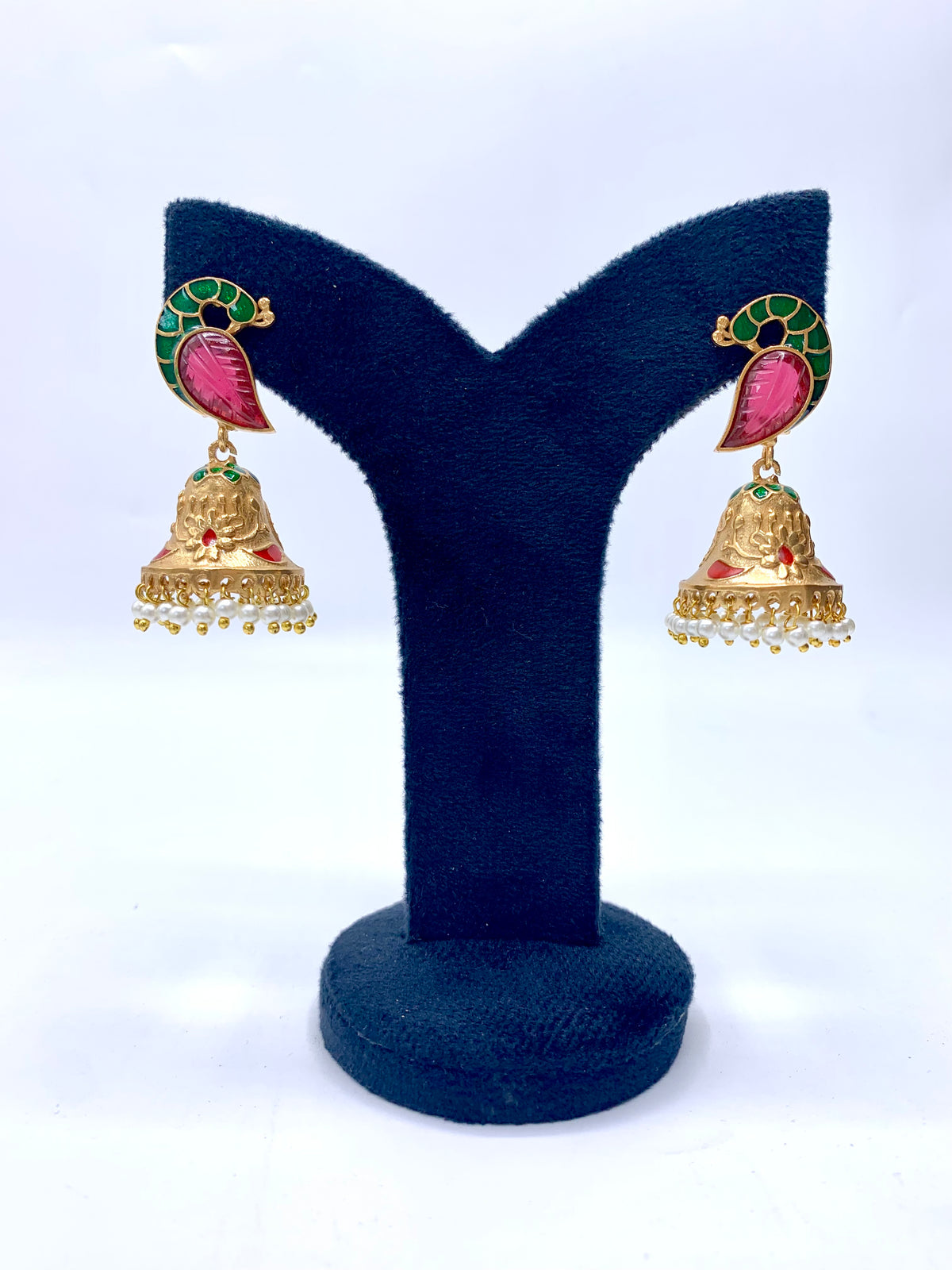 Aaira handcrafted 22kt antique Gold Ruby Jhumki with Pearls and hand-painted Meena