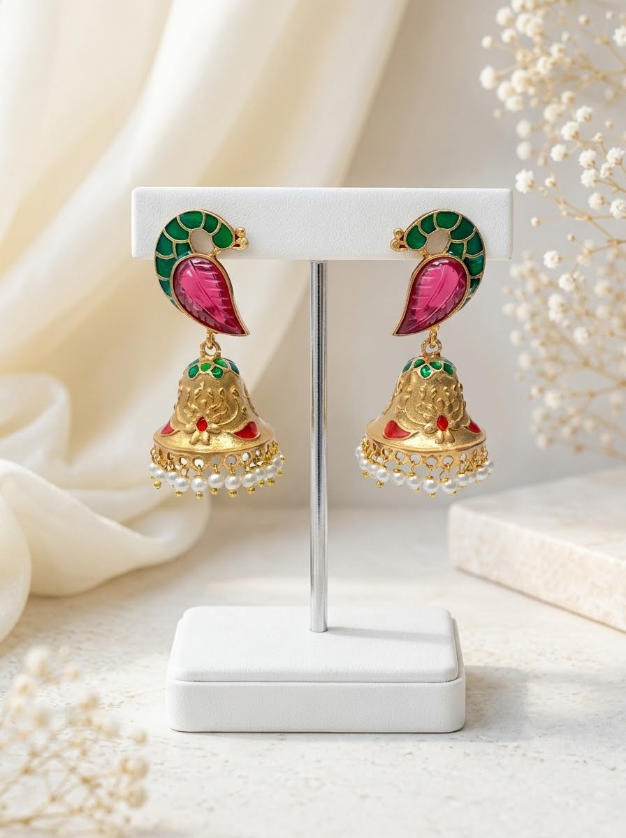 Aaira handcrafted 22kt antique Gold Ruby Jhumki with Pearls and hand-painted Meena