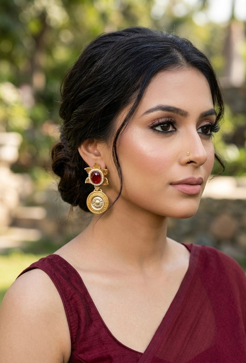 Airah ruby pearl earrings in gold plating with colorful gemstone accents