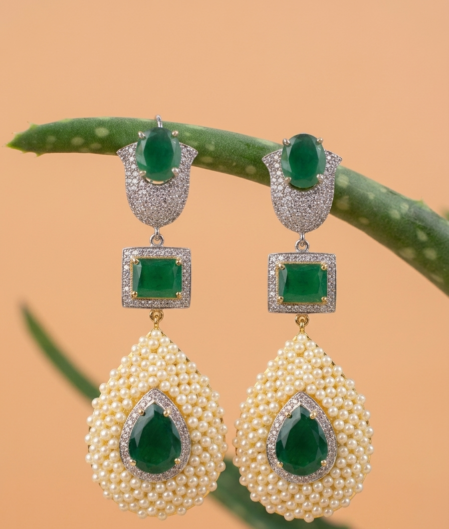 Akshana handcrafted 22kt gold plated earrings with American diamonds, semi-precious emeralds and pearls