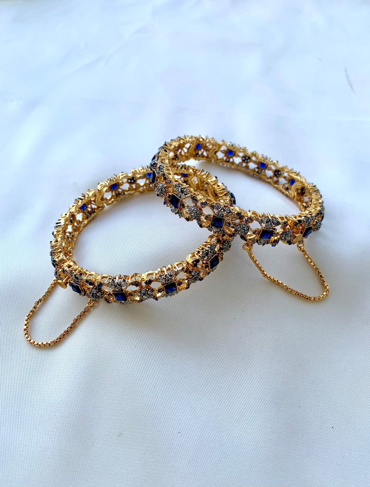 Alexa handcrafted 22kt Gold plated openable bangle with American Diamonds and semi-precious Sapphire