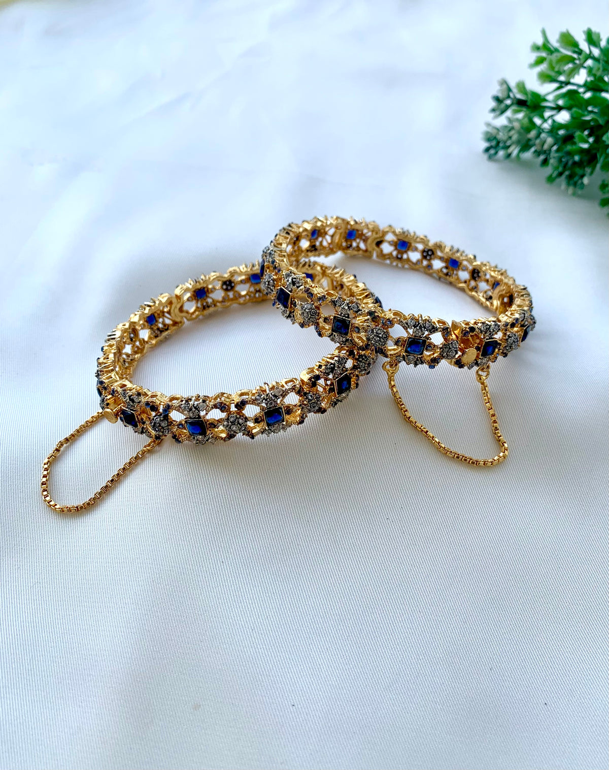 Alexa handcrafted 22kt Gold plated openable bangle with American Diamonds and semi-precious Sapphire