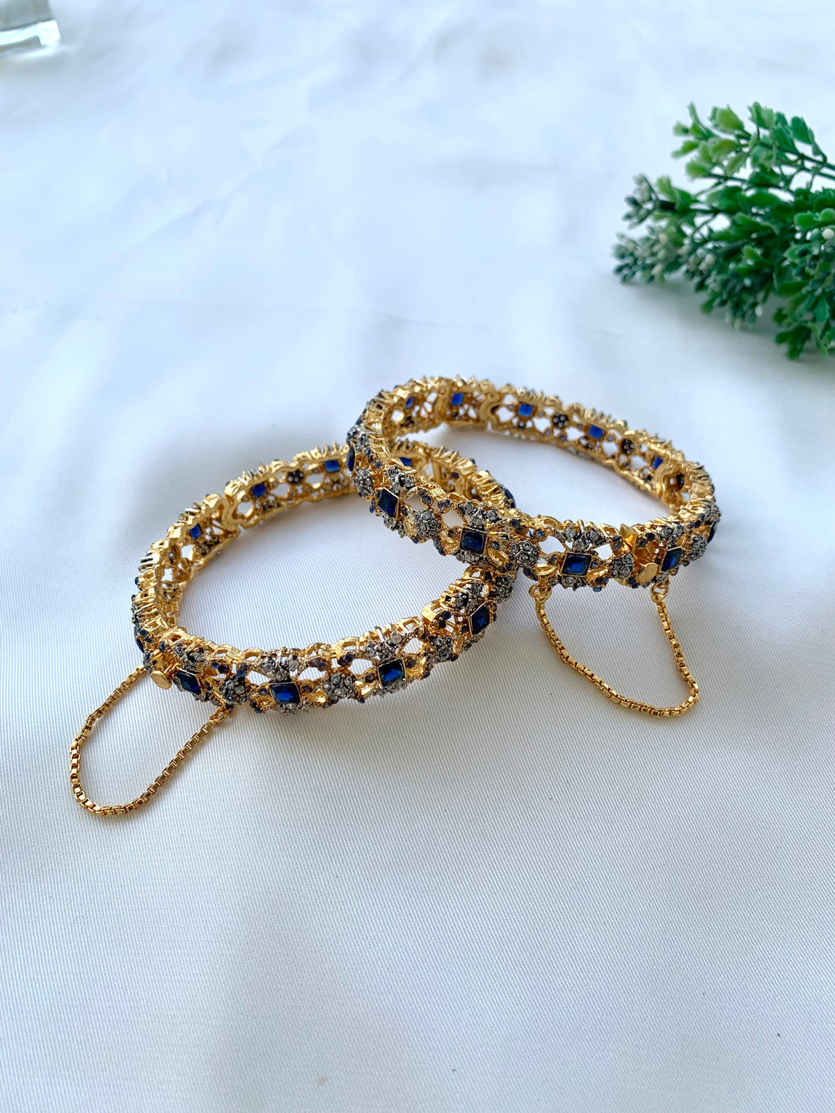Alexa handcrafted 22kt Gold plated openable bangle with American Diamonds and semi-precious Sapphire