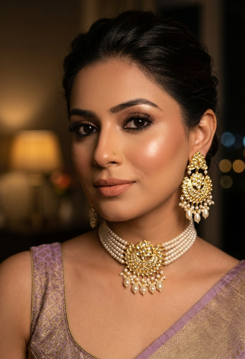 Allaya handcrafted 22kt gold plated choker set with kundan and semi precious pearls