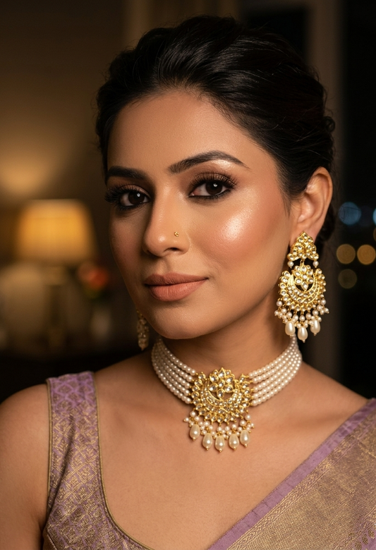 Allaya handcrafted 22kt gold plated choker set with kundan and semi precious pearls