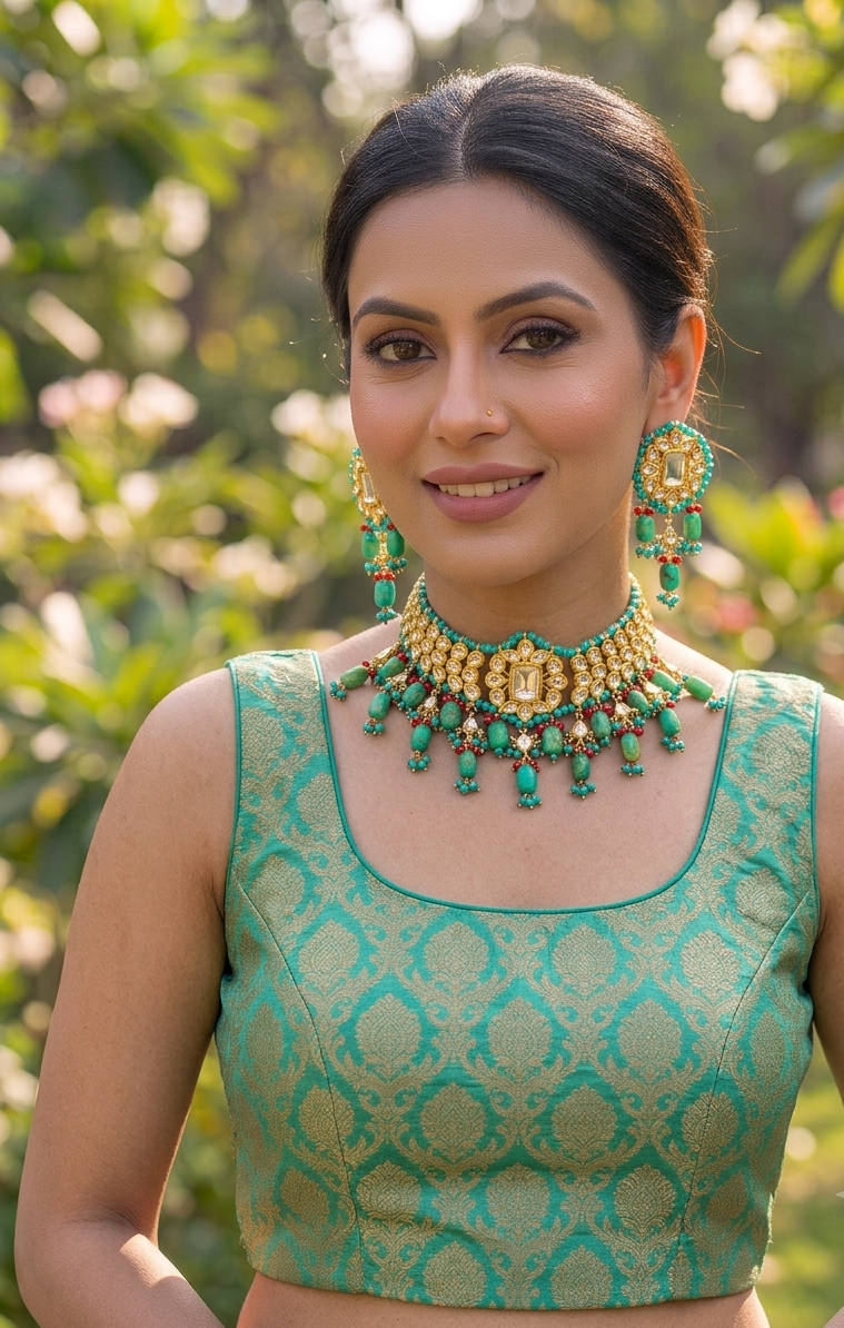Amaliya handcrafted 22kt gold plated choker set with kundan and semi-precious natural gemstones