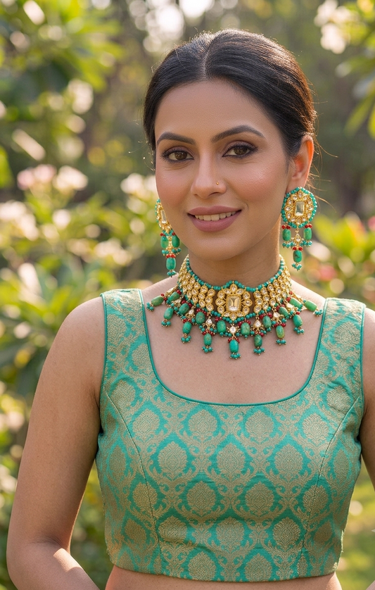 Amaliya handcrafted 22kt gold plated choker set with kundan and semi-precious natural gemstones