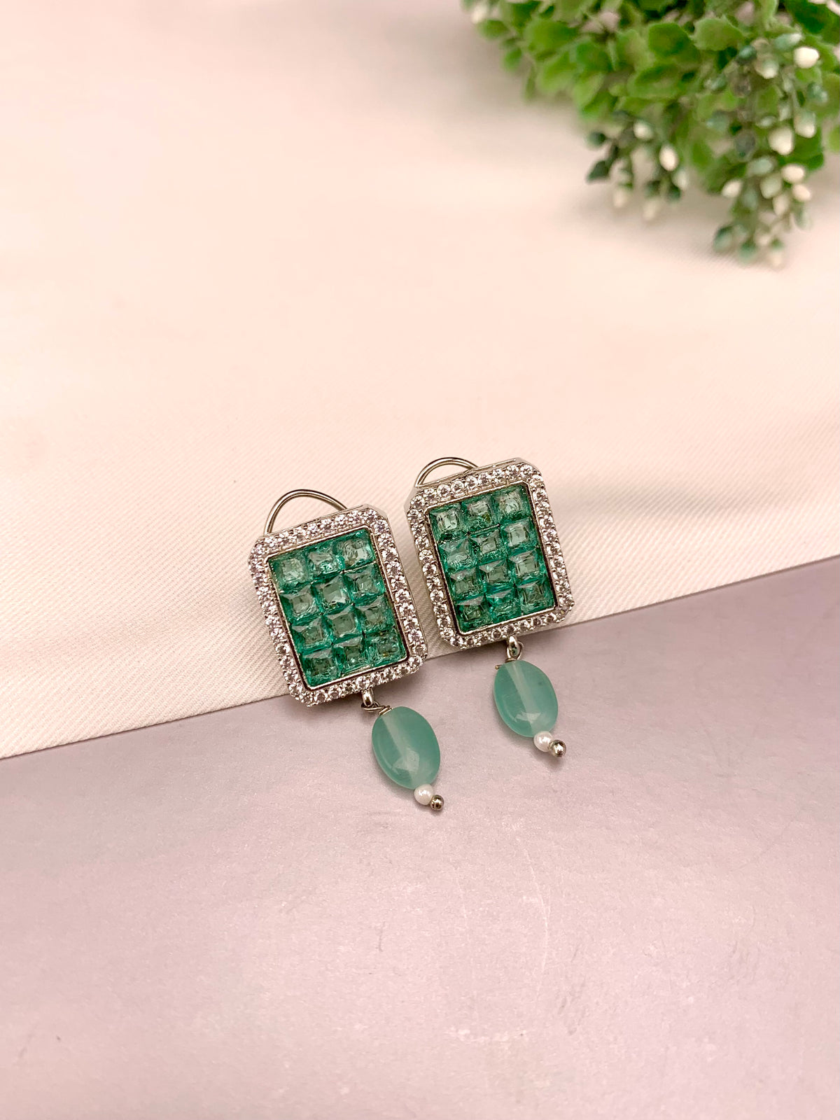 Ameena handcrafted earrings with American Diamonds and semi-precious crystals, available in Sapphire, Emerald, Mint, Ruby and Ferozi variants