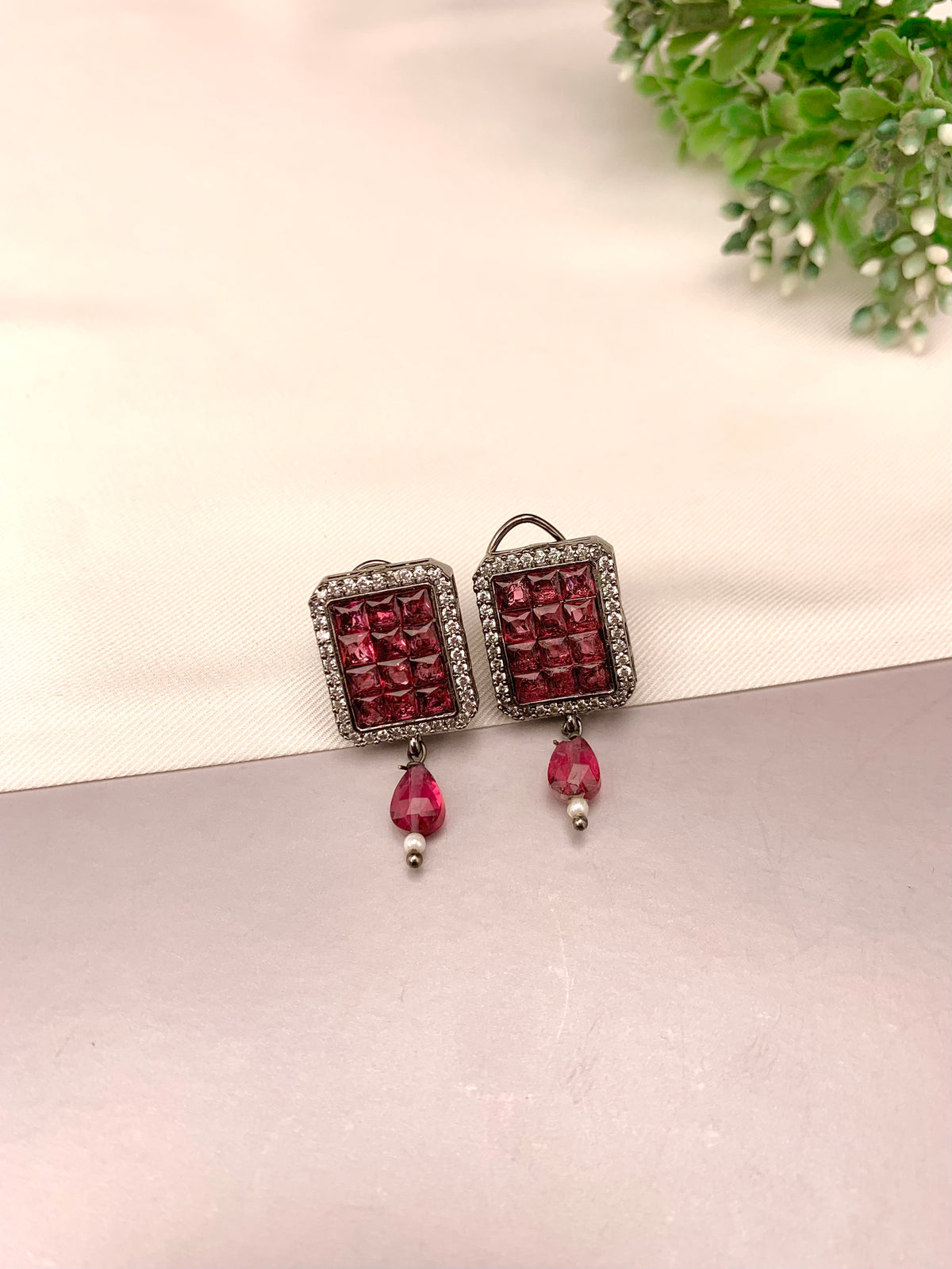 Ameena handcrafted earrings with American Diamonds and semi-precious crystals, available in Sapphire, Emerald, Mint, Ruby and Ferozi variants