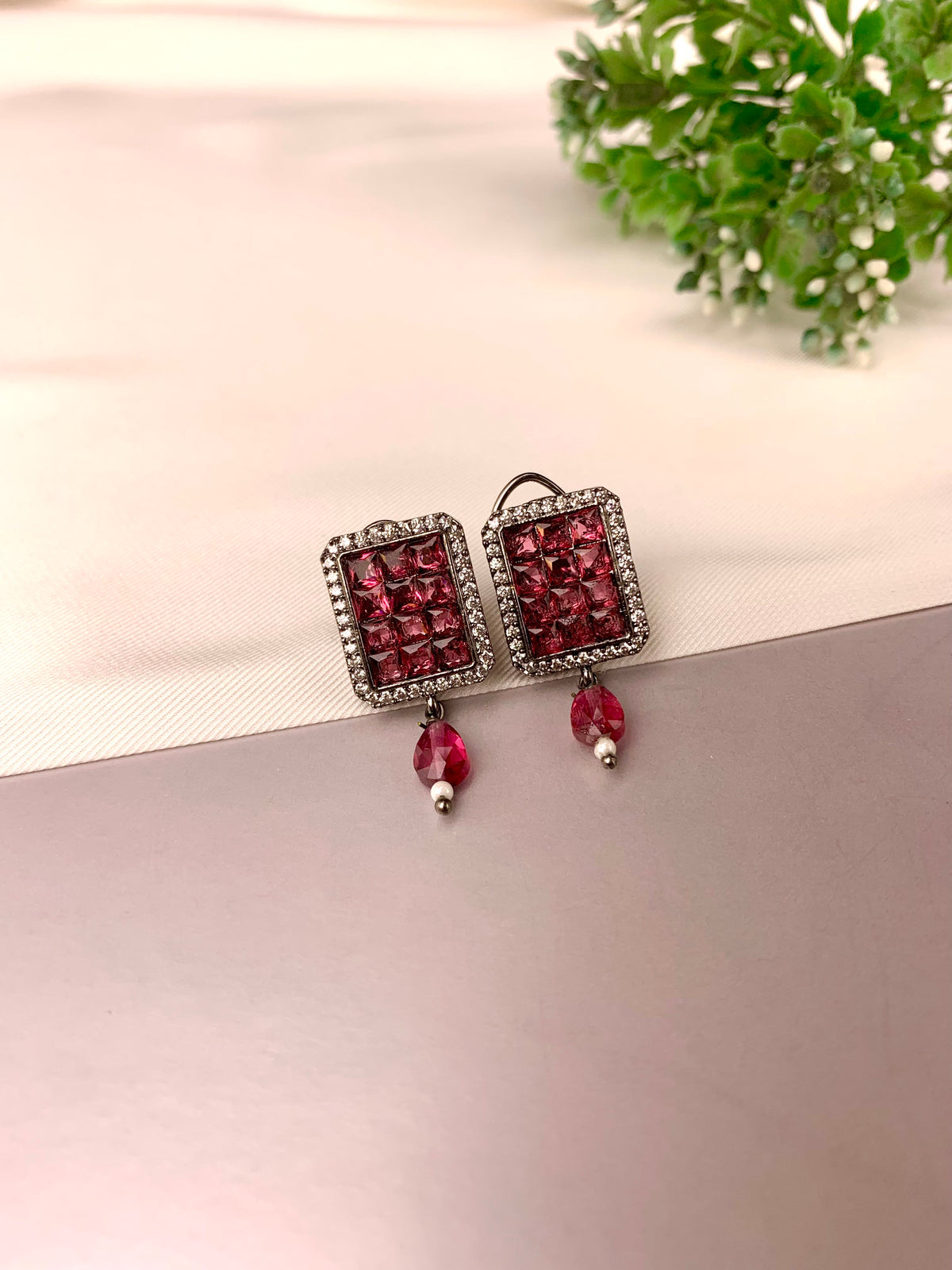 Ameena handcrafted earrings with American Diamonds and semi-precious crystals, available in Sapphire, Emerald, Mint, Ruby and Ferozi variants