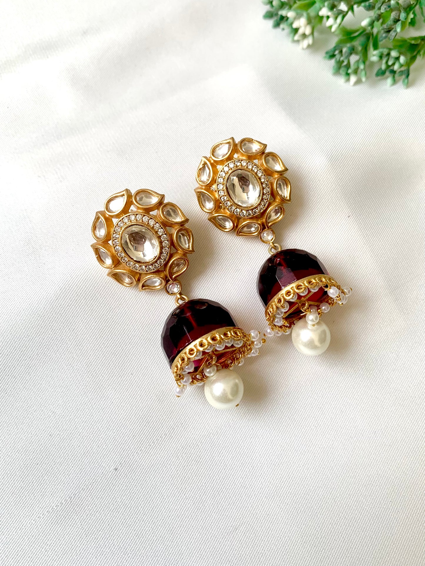 Ameera Ruby Jhumka with Polki Kundan, American Diamonds, Ruby and Pearls in 22kt Gold plating
