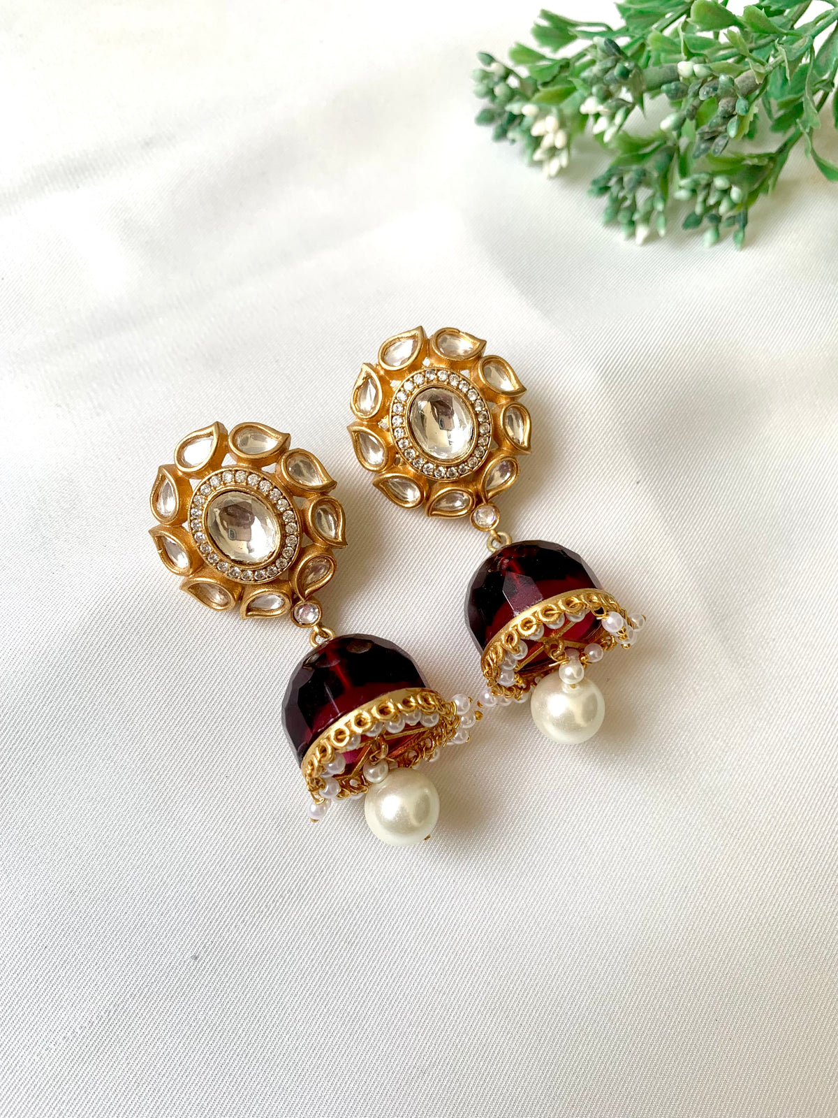 Ameera Ruby Jhumka with Polki Kundan, American Diamonds, Ruby and Pearls in 22kt Gold plating