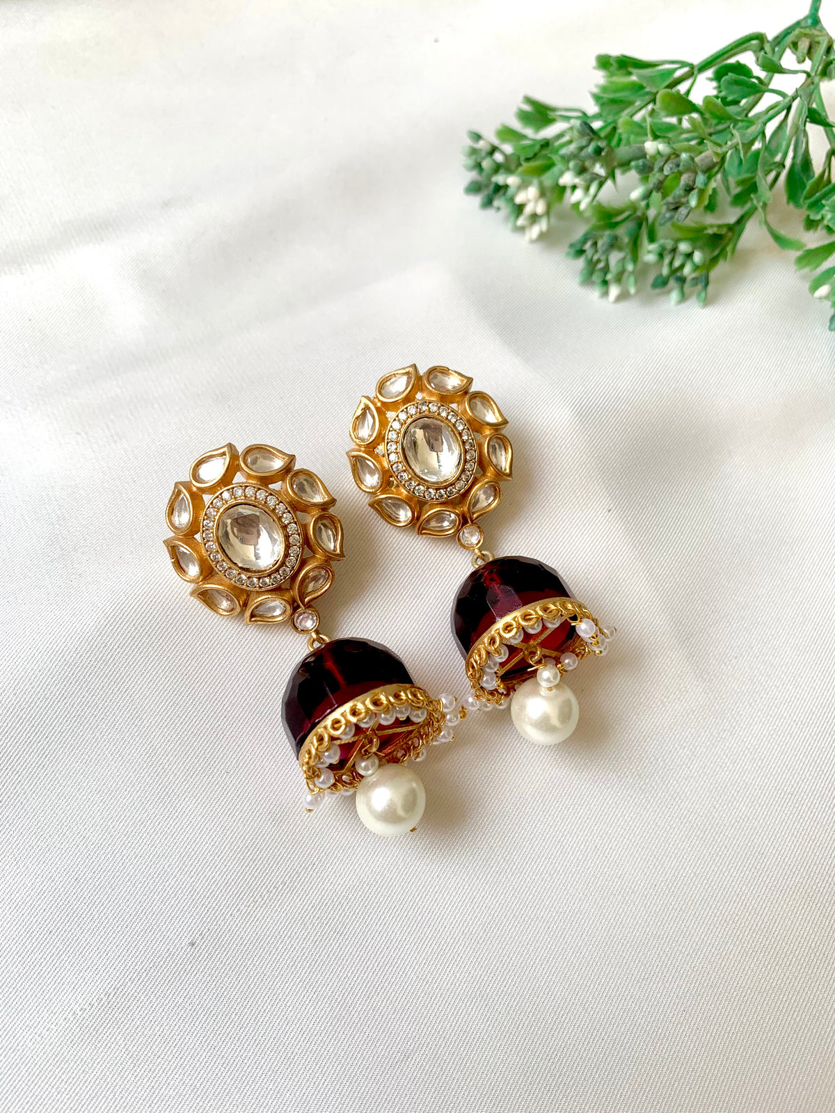 Ameera Ruby Jhumka with Polki Kundan, American Diamonds, Ruby and Pearls in 22kt Gold plating