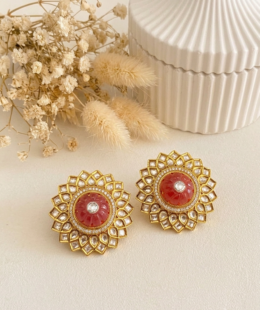 A pair of gold-toned statement earrings with circular red cabochon centers and clear stone accents, styled on a light beige surface with dried flowers and a ribbed cream container in the background.