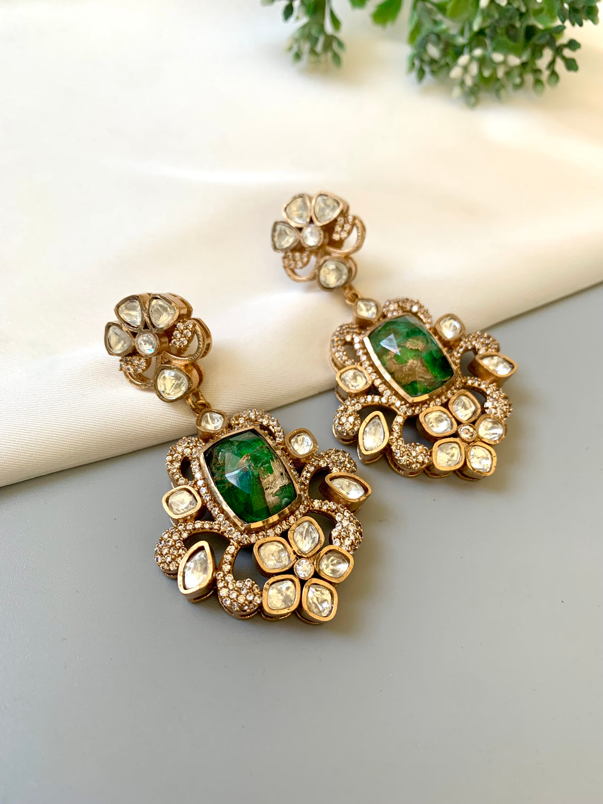 Aneesa handcrafted 22kt Gold oxidized earrings with Polki Diamonds and natural Mosaic Gemstones