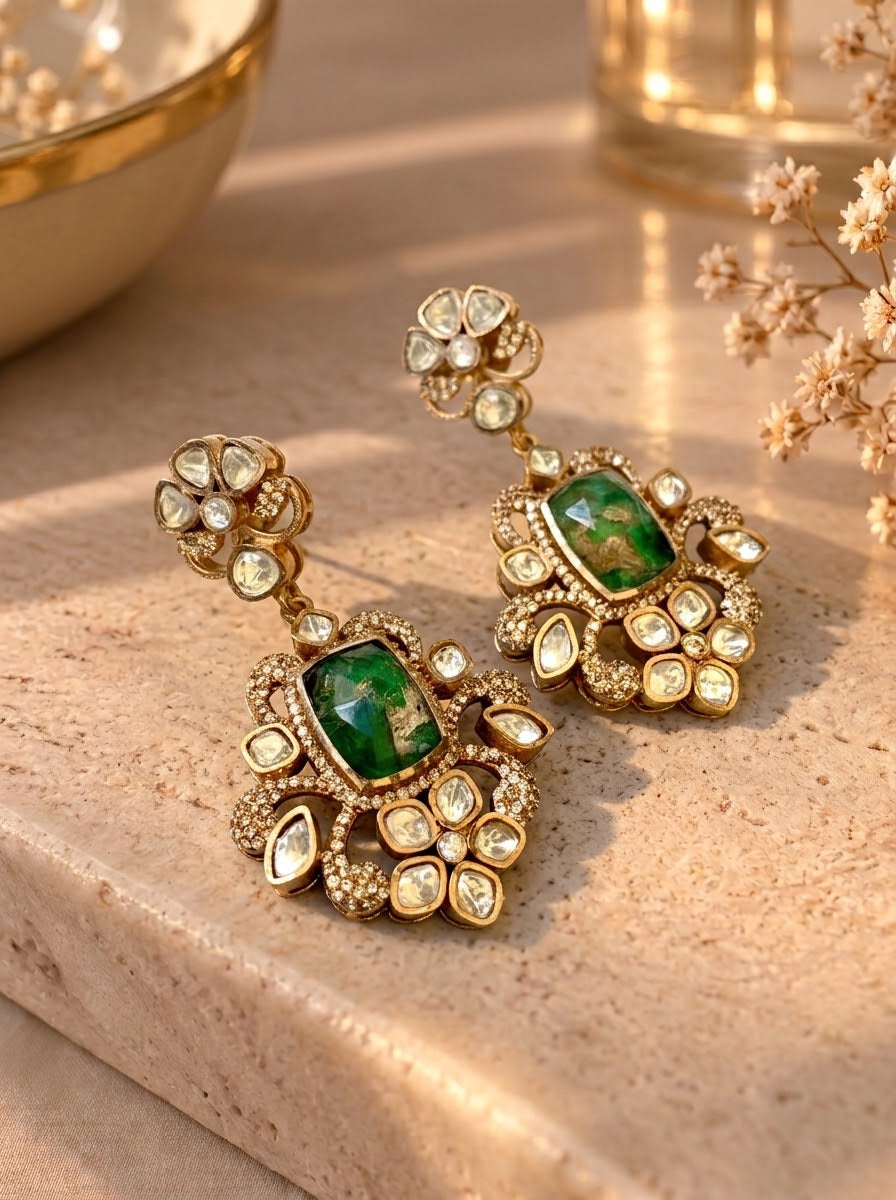 Aneesa handcrafted 22kt Gold oxidized earrings with Polki Diamonds and natural Mosaic Gemstones