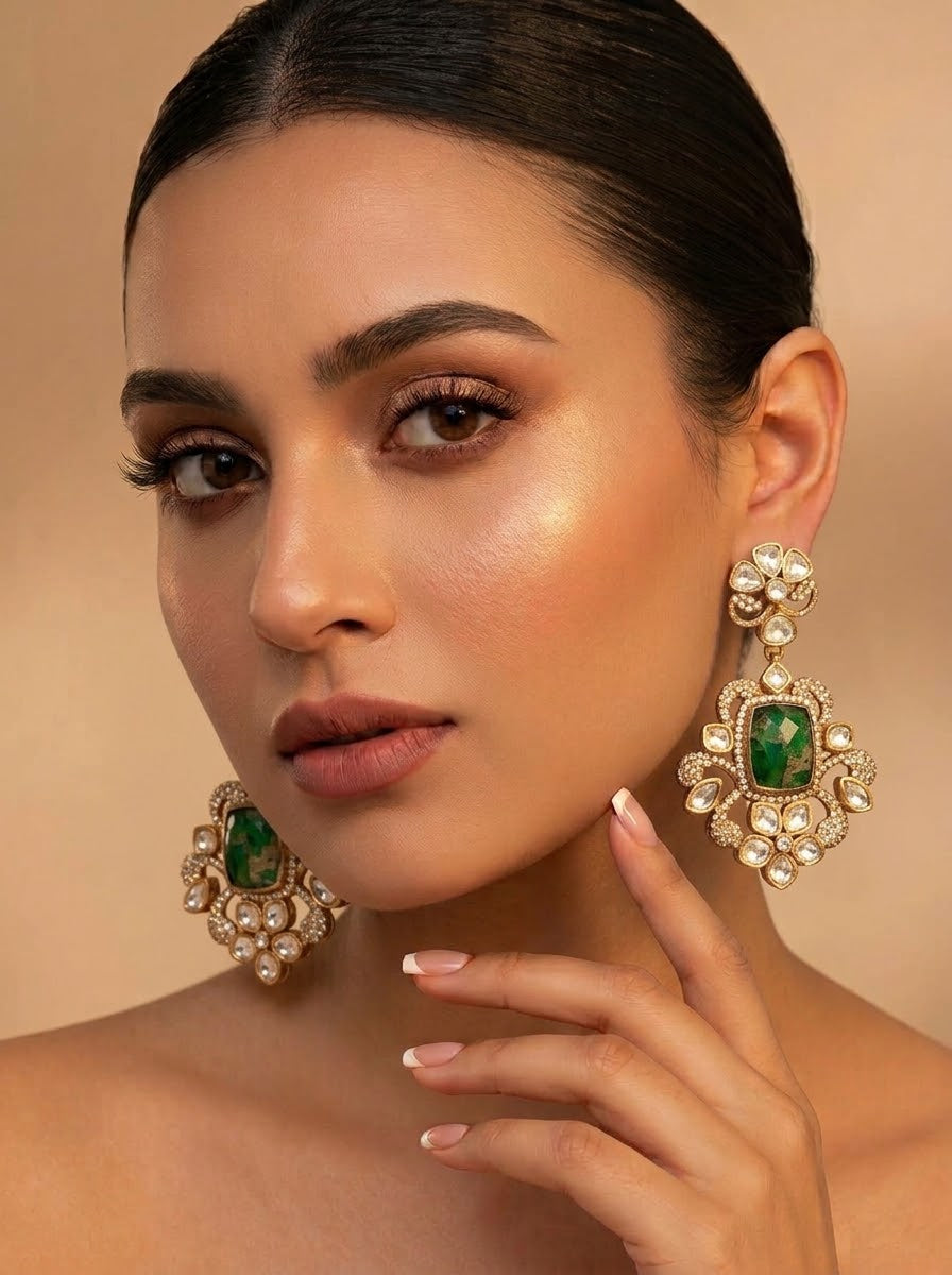 Aneesa handcrafted 22kt Gold oxidized earrings with Polki Diamonds and natural Mosaic Gemstones