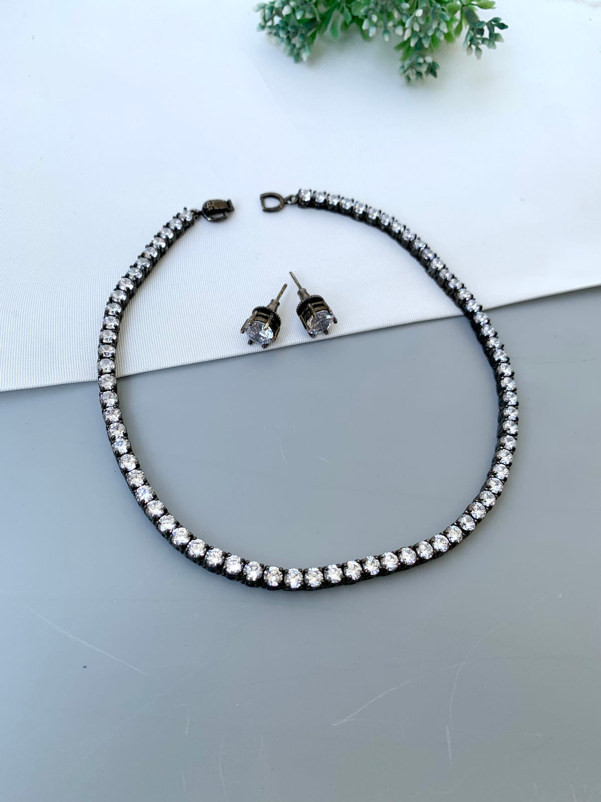 Anisa handcrafted oxidized Rhodium neckline with American Diamonds