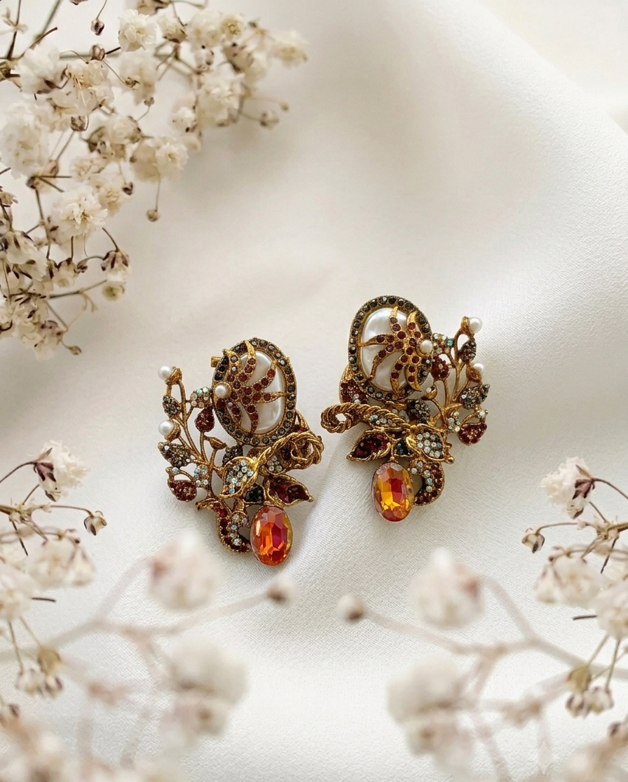 Arhaa handcrafted 22kt gold plated earrings featuring genuine Baroque Pearls, Marcasite crystals, and Pearls, available in Emerald, Champagne, Mint, and Citrine variants