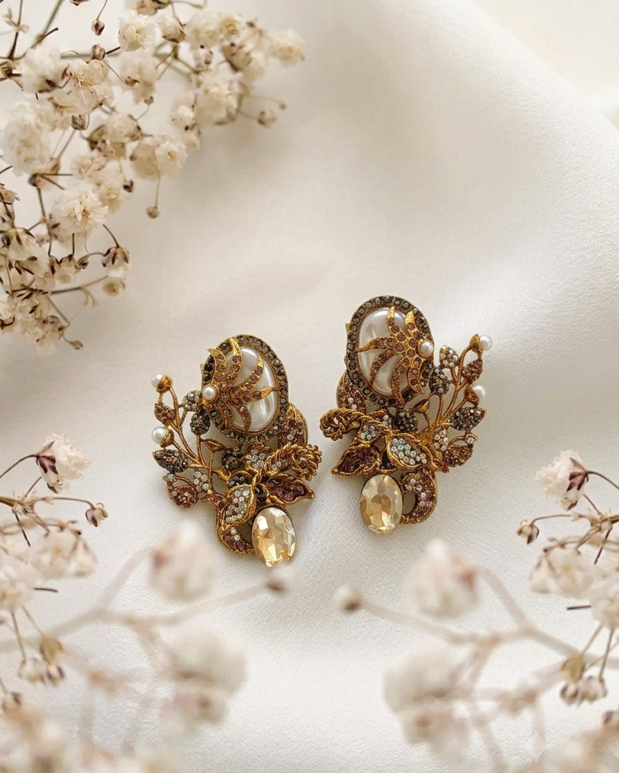Arhaa handcrafted 22kt gold plated earrings featuring genuine Baroque Pearls, Marcasite crystals, and Pearls, available in Emerald, Champagne, Mint, and Citrine variants