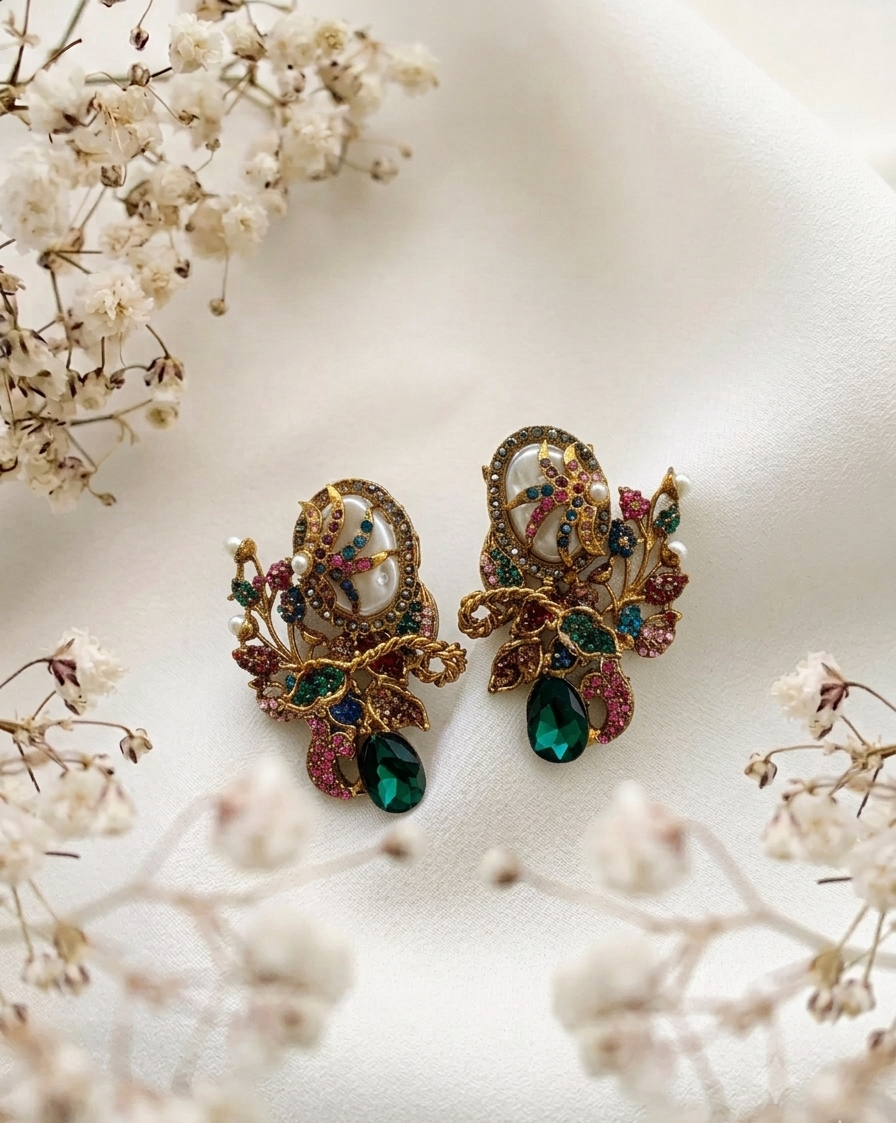 Arhaa handcrafted 22kt gold plated earrings featuring genuine Baroque Pearls, Marcasite crystals, and Pearls, available in Emerald, Champagne, Mint, and Citrine variants