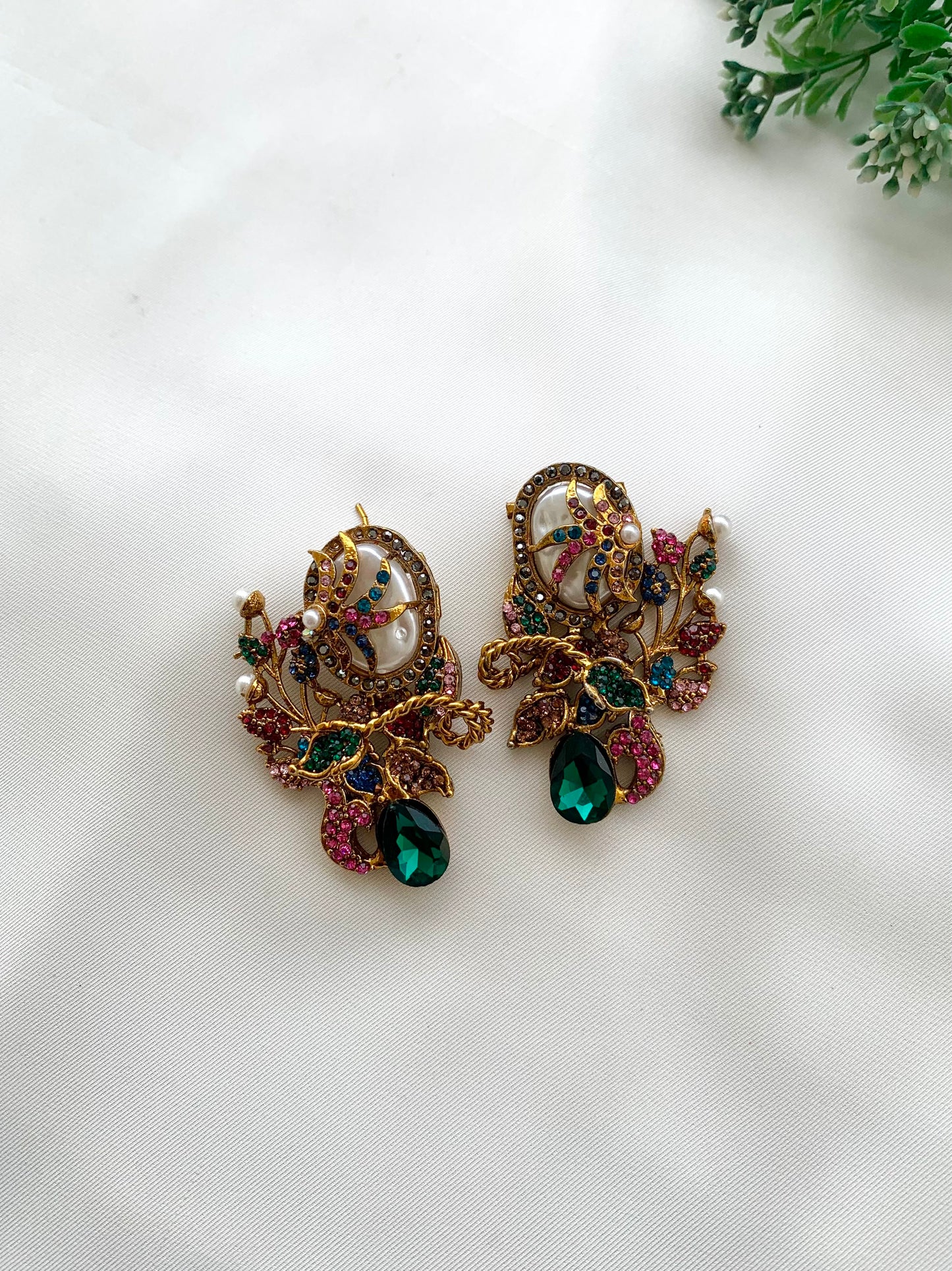 Arhaa handcrafted 22kt gold plated earrings featuring genuine Baroque Pearls, Marcasite crystals, and Pearls, available in Emerald, Champagne, Mint, and Citrine variants