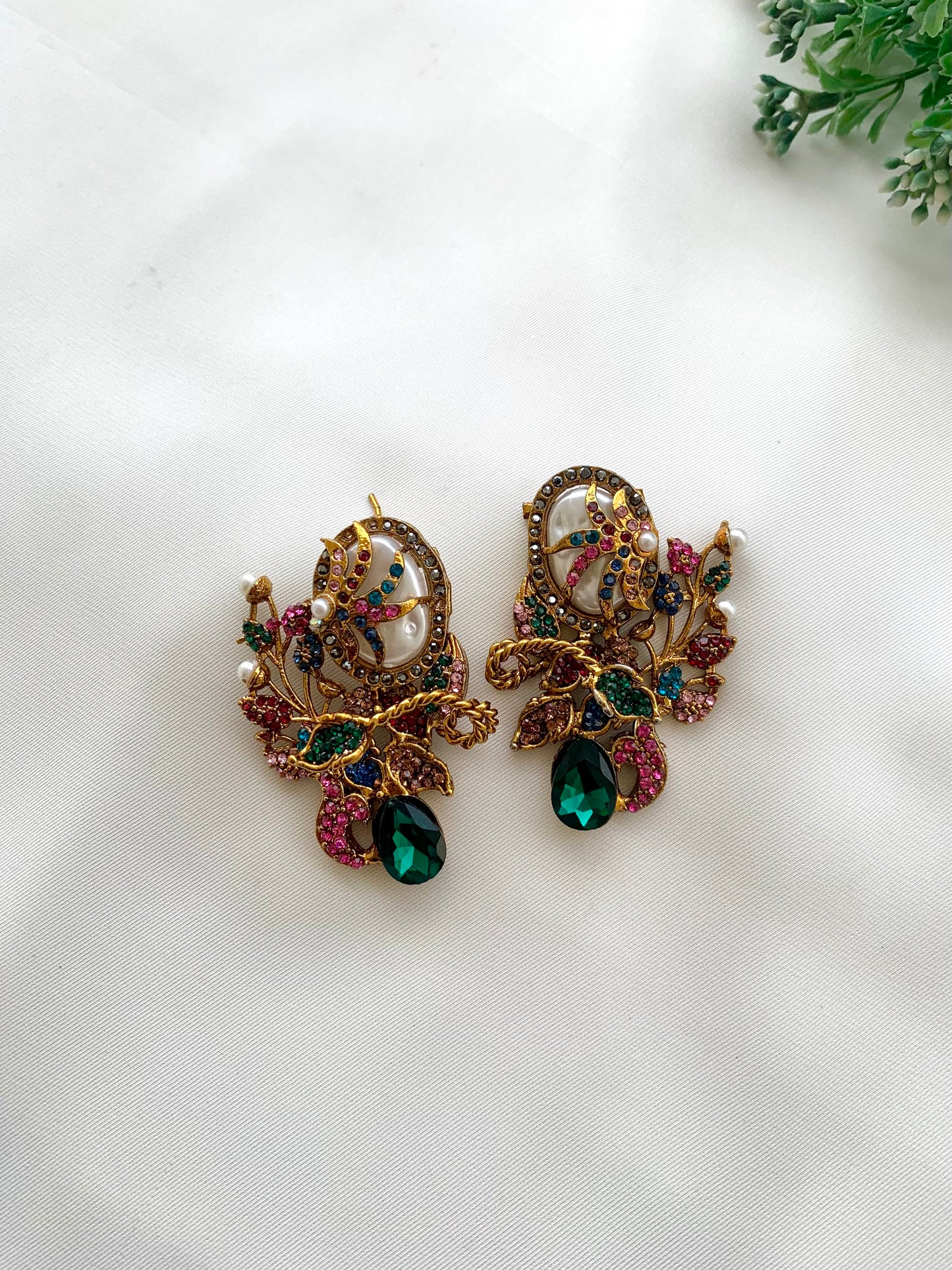 Arhaa handcrafted 22kt gold plated earrings featuring genuine Baroque Pearls, Marcasite crystals, and Pearls, available in Emerald, Champagne, Mint, and Citrine variants