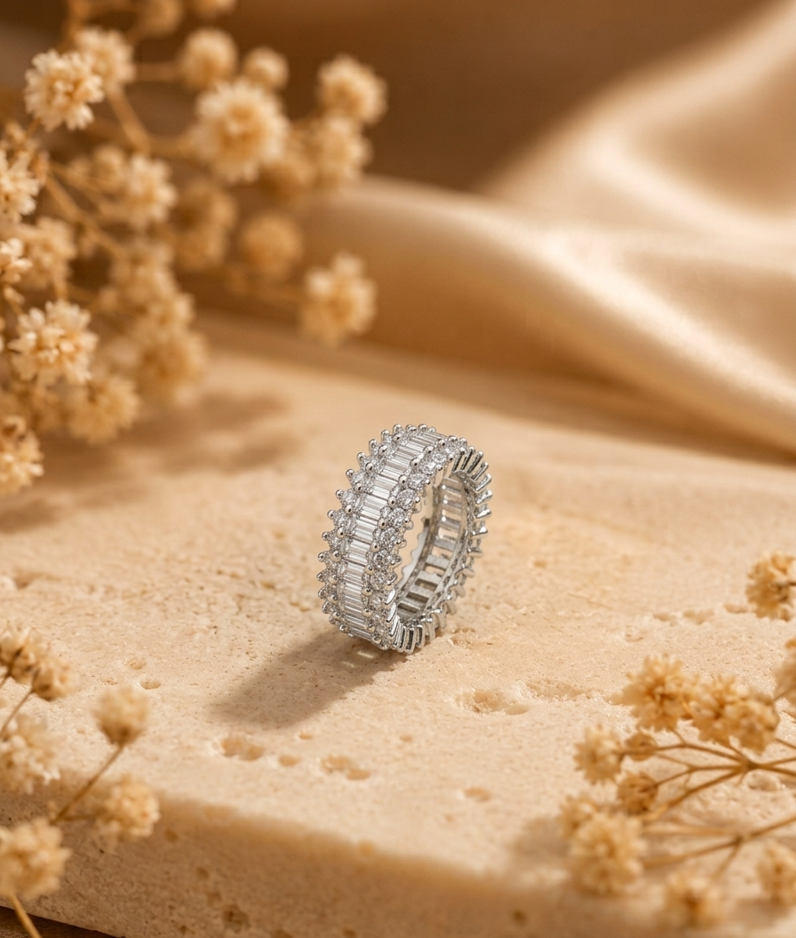 A silver band ring with baguette-cut clear stones, styled on a textured beige stone slab with dried flowers and soft beige fabric in the background.