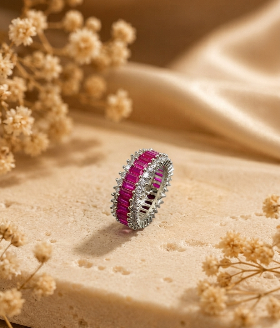 Aroosa handcrafted rhodium plated ring with platinum polish, American Diamonds and semi-precious Ruby in White and Ruby variants