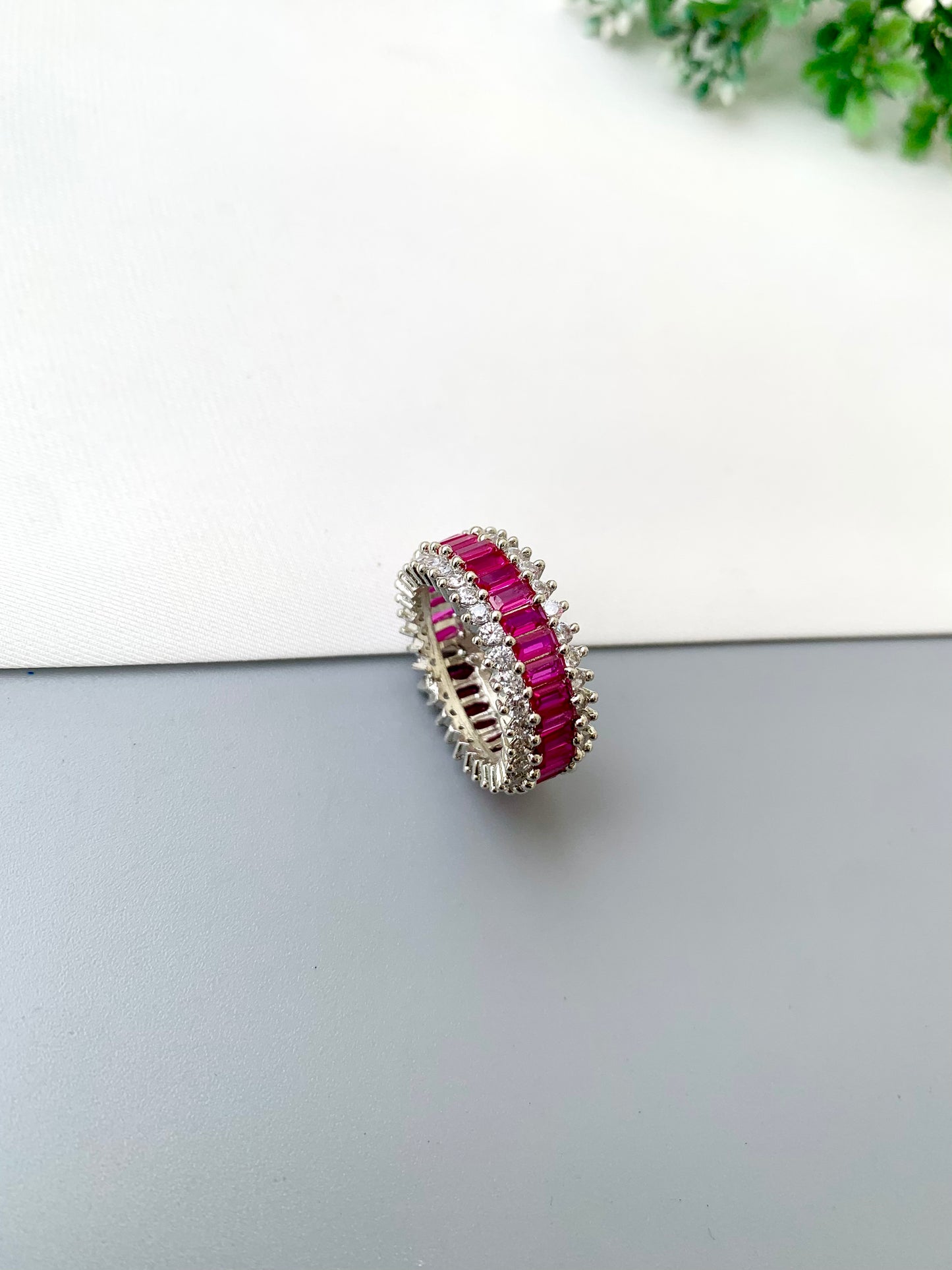 Aroosa handcrafted rhodium plated ring with platinum polish, American Diamonds and semi-precious Ruby in White and Ruby variants