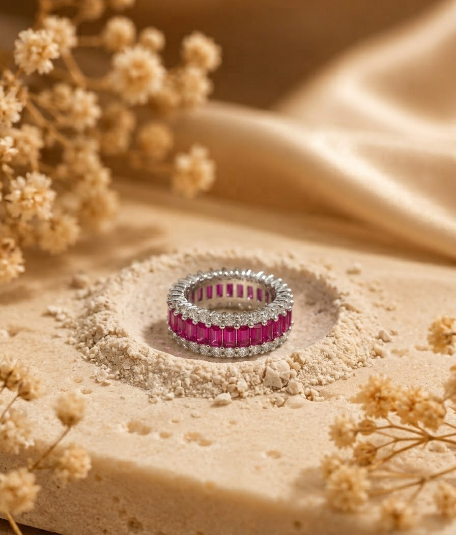 Aroosa handcrafted rhodium plated ring with platinum polish, American Diamonds and semi-precious Ruby in White and Ruby variants