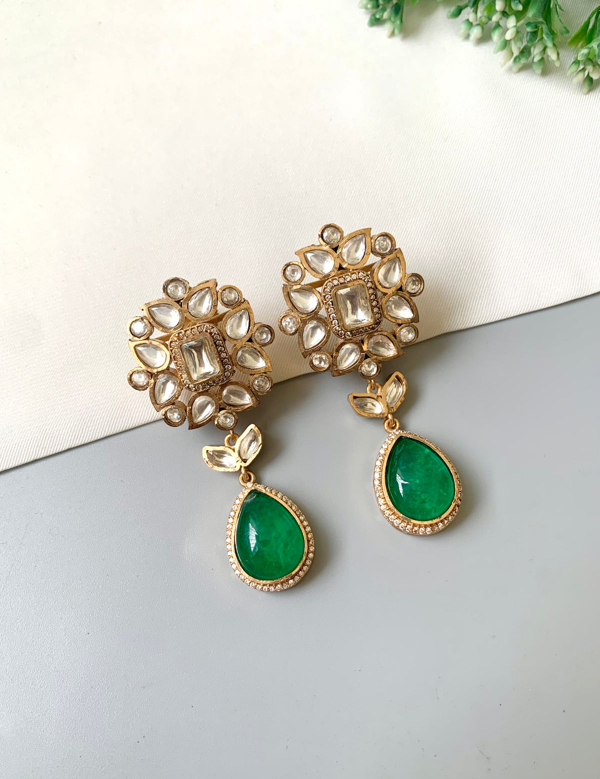 Arya Emerald handcrafted 22kt Victorian Gold earrings with Polki Kundan and Emerald Doublet Stone