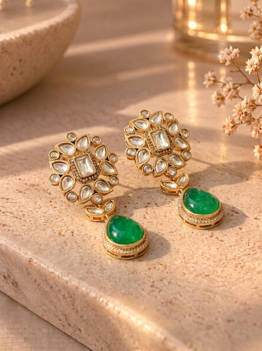 Arya Emerald handcrafted 22kt Victorian Gold earrings with Polki Kundan and Emerald Doublet Stone
