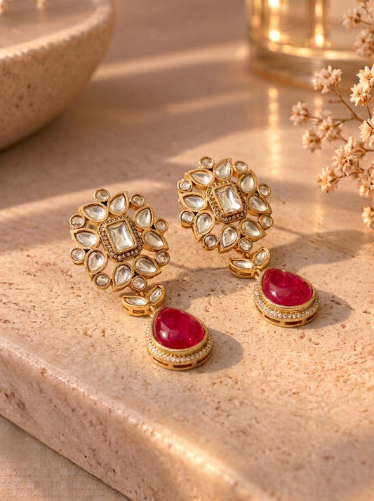 Arya Ruby handcrafted 22kt Victorian Gold earrings with Polki Kundan and Ruby Doublet Stone