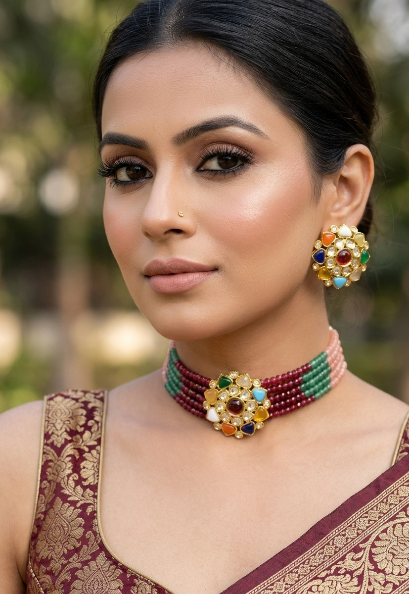 Asiya signature 22kt gold plated choker set with polki kundan nauratan feroza ruby emerald and onyx stones