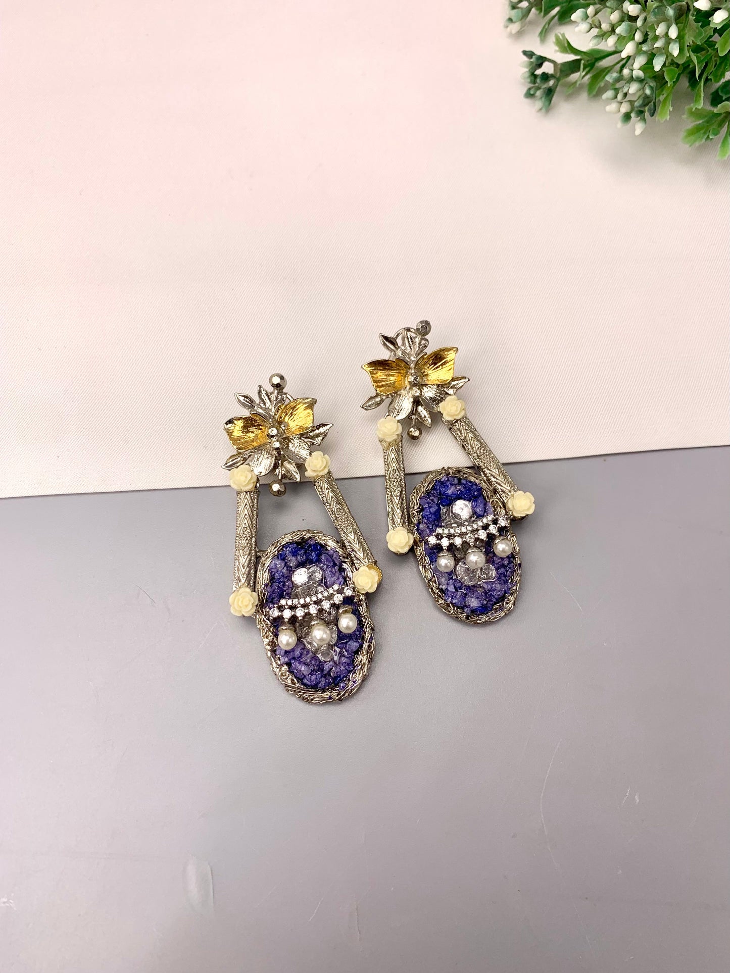 Asmana handcrafted earrings with American Diamonds, semi-precious Pearls and natural gemstones in Maroon, Blue and Peach variants